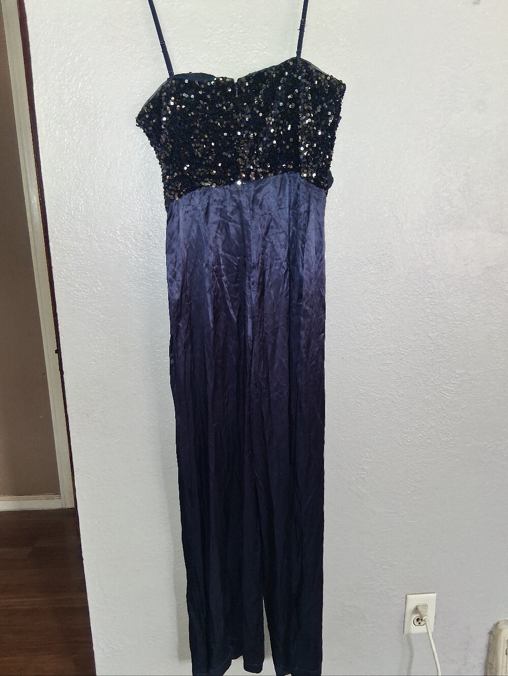 Badgley Mischka Satin Sequin Jumpsuit Midnight Blue Black Formal 8 - Picture 9 of 10